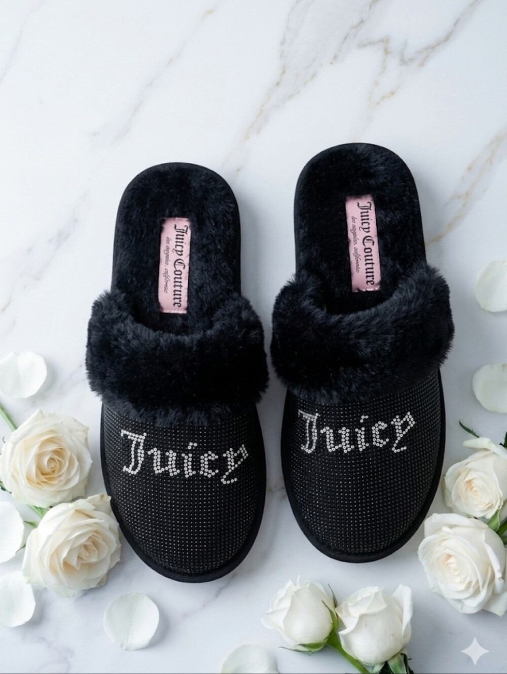 Juicy Couture Black Rhinestone Faux Fur Slippers - Size 10 ☆ RARE ☆